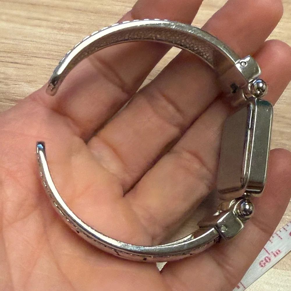 Silver Tone Square Face Cuff Bangle Watch Japan Quartz Stainless Steel Back